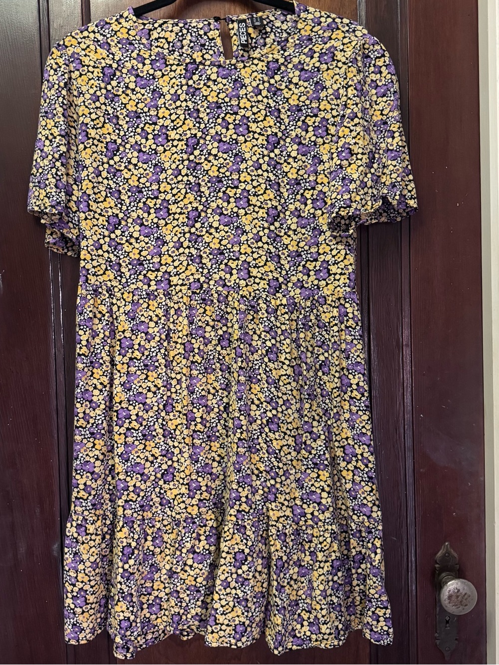 Pieces Floral Babydoll Mini Dress | Size Medium | Purple & Yellow Ditsy Print